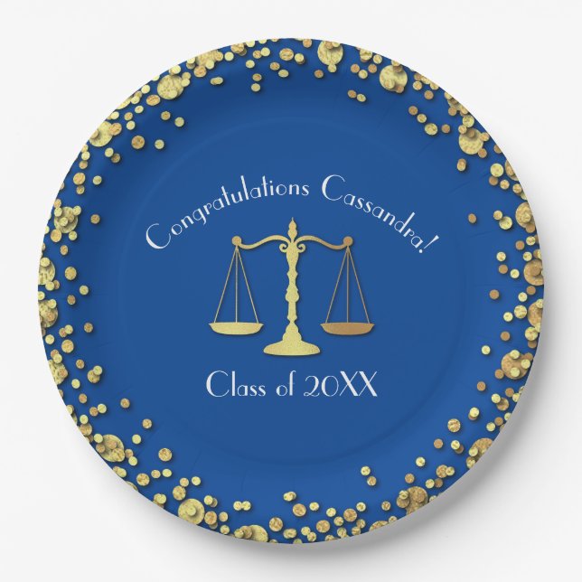 Lawyer Law School Blue Gold Graduation Party Paper Plate (Front)