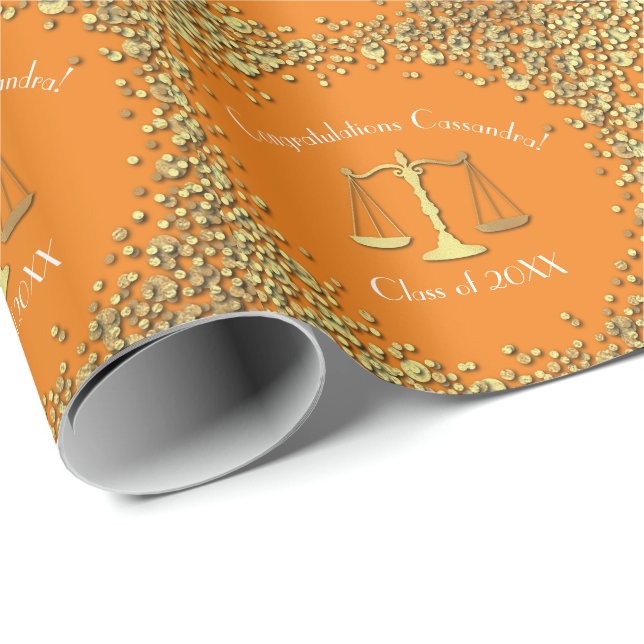 Lawyer Law School Graduation Party Gold Orange Wrapping Paper (Roll Corner)