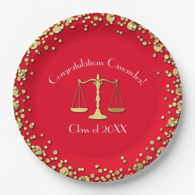 Lawyer Law School Graduation Party Gold Red Paper Plate (Front)