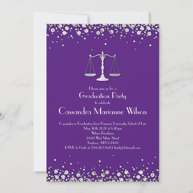Lawyer Law School Graduation Party Silver Purple Invitation (Front)
