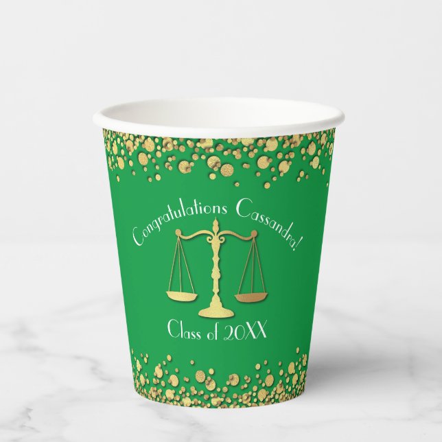 Lawyer Law School Green Gold Graduation Party Paper Cups (Front)