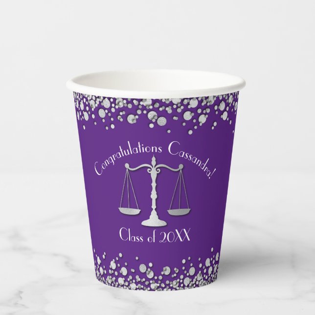 Lawyer Law School Purple Silver Graduation Party Paper Cups (Front)