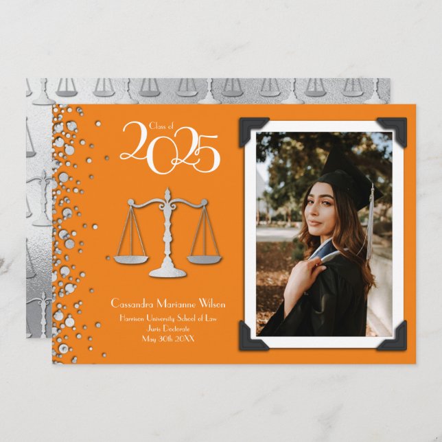Lawyer Law School Silver Graduation Orange Invitation (Front/Back)