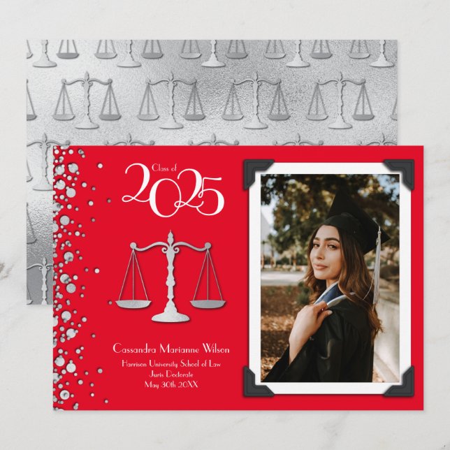 Lawyer Law School Silver Graduation Red Invitation (Front/Back)