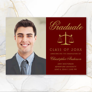 Lawyer Maroon Gold Script Photo Graduation Announcement