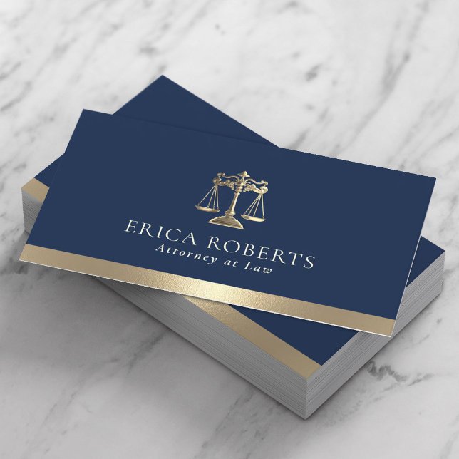 Lawyer Navy & Gold Justice Scale Attorney at Law Business Card (Creator Uploaded)