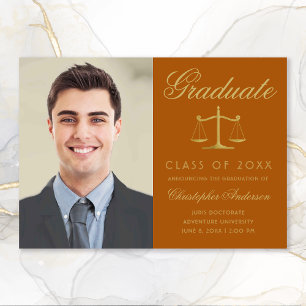 Lawyer Orange Gold Script Photo Graduation Announcement