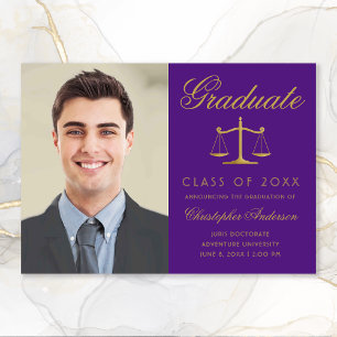 Lawyer Purple Gold Script Photo Graduation Announcement