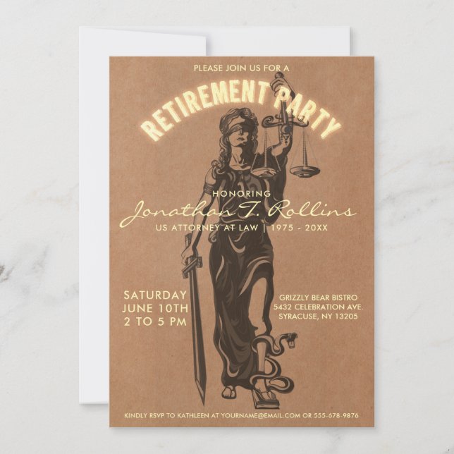 Lawyer Retirement Party Invitation | Lady Justice (Front)