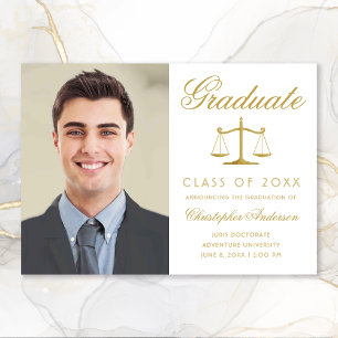 Lawyer White Gold Script Photo Graduation Announcement