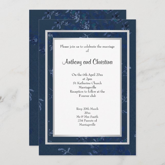 LAYER NAVY BLUE SILVER FLOATING ELEGANT WEDDING INVITATION (Front/Back)