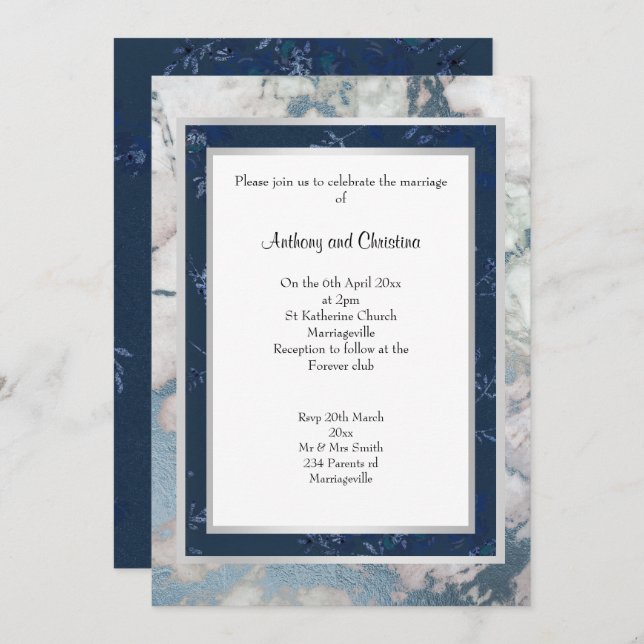 LAYER NAVY BLUE SILVER MARBLE WEDDING INVITATION (Front/Back)