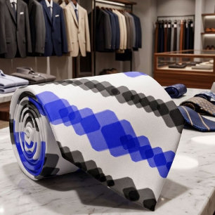 Layered Blue And Black Squared On White Pattern Tie