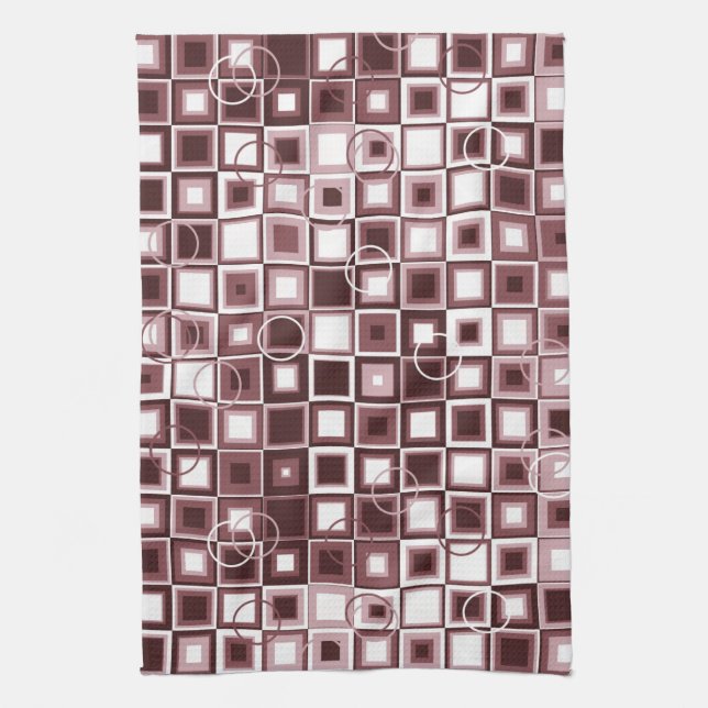 Layered Burgundy and Pink Square Pattern Tea Towel (Vertical)