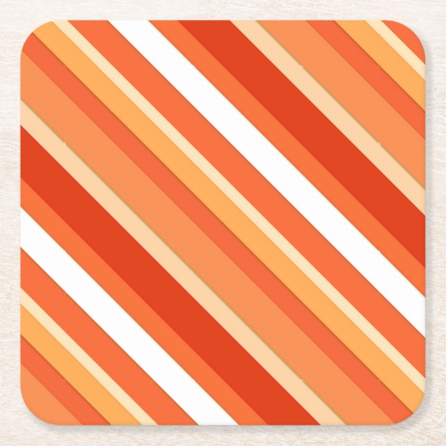 Layered candy stripes - orange and white square paper coaster (Front)