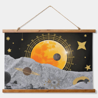 Layered collage aesthetics with celestial motifs, hanging tapestry