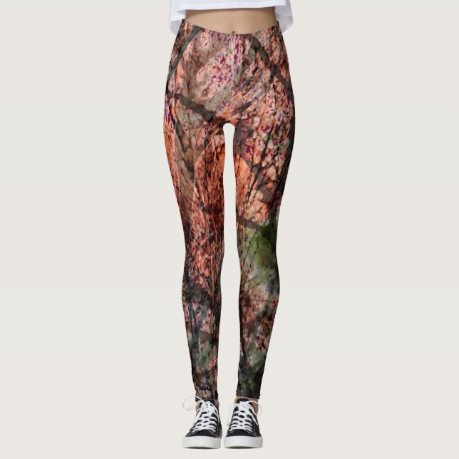 Layered Forest Abstract in Rust, Maroon and Green Leggings (Front)