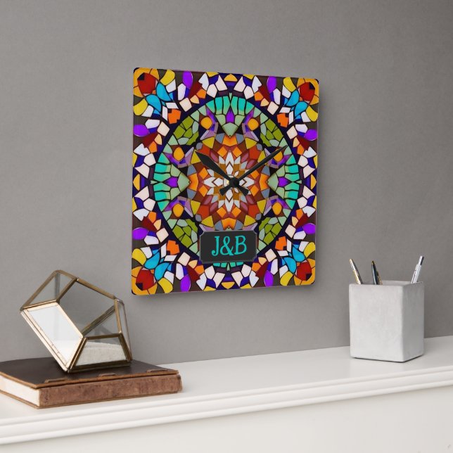 Layered Mosaic Colourful Illusion - your Initials Square Wall Clock (Office)