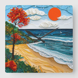 Layered paper art beach with a tree square wall clock