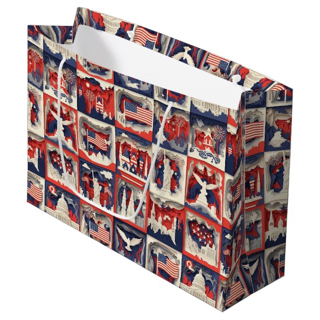 Layered Patriotic Paper Cut Tile Pattern (3) Large Gift Bag (Front Angled)