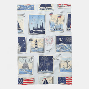 Layered Patriotic Paper Cut Tile Pattern (3) Tea Towel