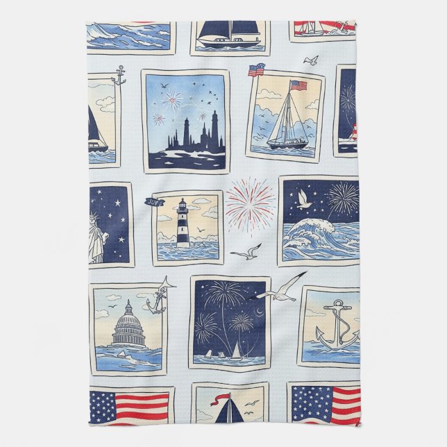 Layered Patriotic Paper Cut Tile Pattern (3) Tea Towel (Vertical)