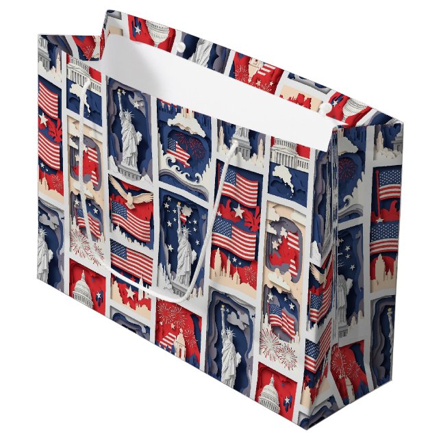 Layered Patriotic Paper Cut Tile Pattern (4) Large Gift Bag (Front Angled)
