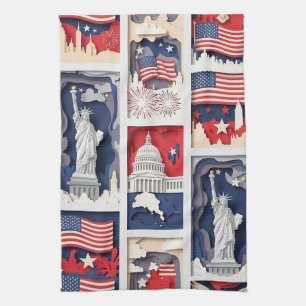 Layered Patriotic Paper Cut Tile Pattern (5) Tea Towel