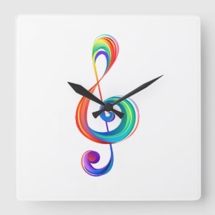 Layered rainbow treble clef square wall clock