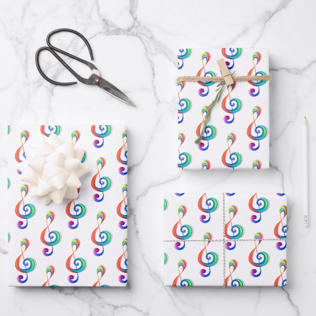 Layered rainbow treble clef wrapping paper sheet (Front)