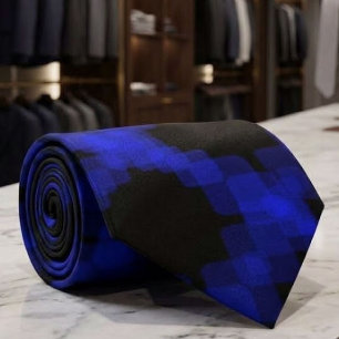 Layered True Blue Squared On Black Pattern Tie