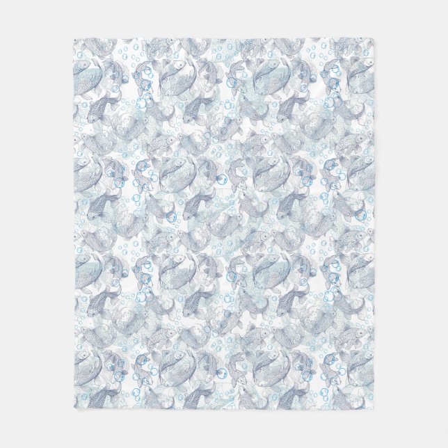 Layering Fishes Pattern 02.Dark blue.b No BG Fleece Blanket (Front)