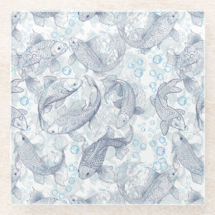 Layering Fishes Pattern 02.Dark blue.b No BG Glass Coaster