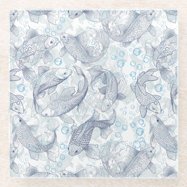 Layering Fishes Pattern 02.Dark blue.b No BG Glass Coaster (Front)