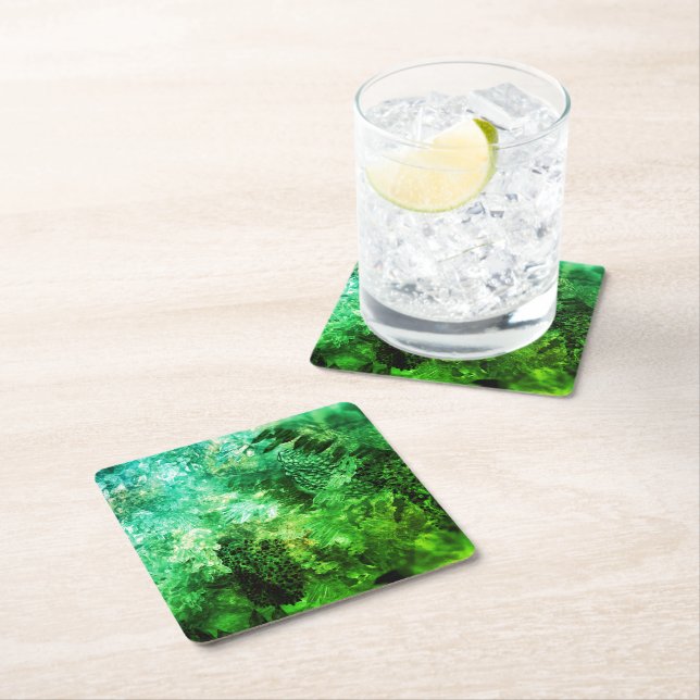 Layers of Green Crystals Square Paper Coaster (Insitu)