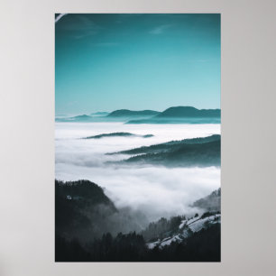 Layers of hills, fog and trees poster