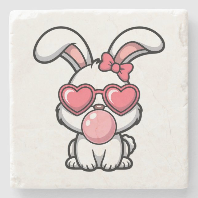 layful Kawaii Rabbit with Bubblegum Bubble Stone Coaster (Front)