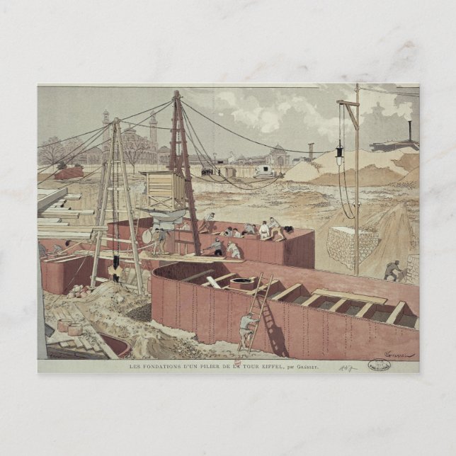 Laying the Foundations for the Eiffel Tower Postcard (Front)