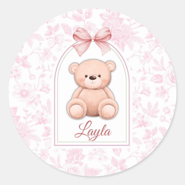 Layla | Custom Pink Teddy Bear Nursery Design  Classic Round Sticker (Front)