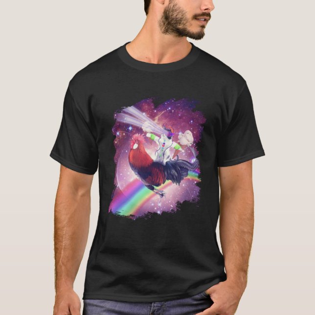 Lazer Rave Space Cat Riding Chicken With Ice Cream T-Shirt (Front)
