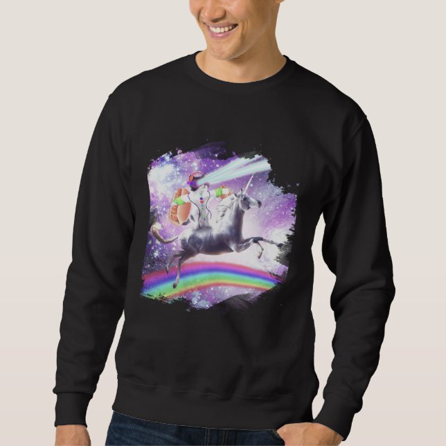 Lazer Rave Space Cat Riding Unicorn With Hotdog Sweatshirt (Front)