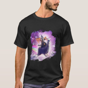 Lazer Warrior Space Cat Riding Llama Eating Pizza T-Shirt