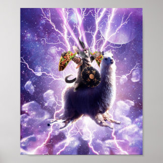 Lazer Warrior Space Cat Riding Llama With Taco Poster