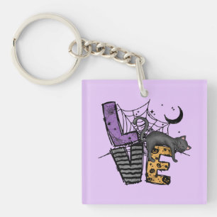 Lazy Black Cat in Spider Web with Love Key Ring