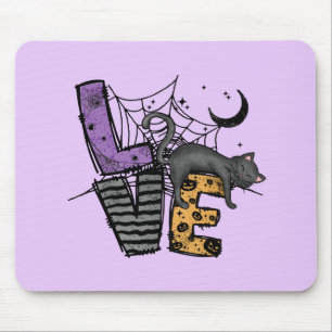 Lazy Black Cat in Spider Web with Love Mouse Pad
