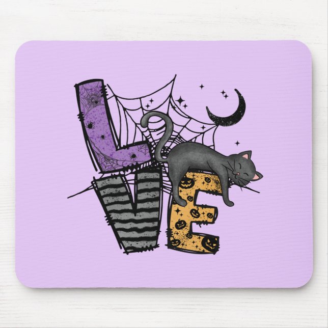 Lazy Black Cat in Spider Web with Love Mouse Pad (Front)