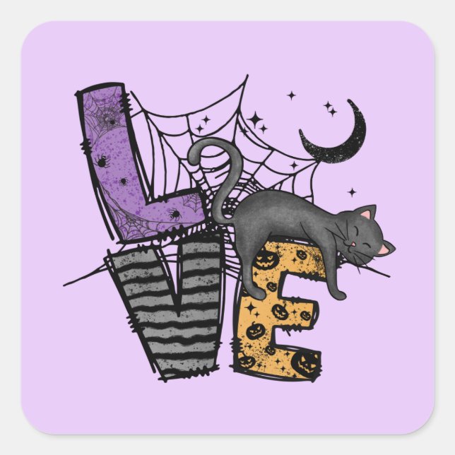 Lazy Black Cat in Spider Web with Love Square Sticker (Front)
