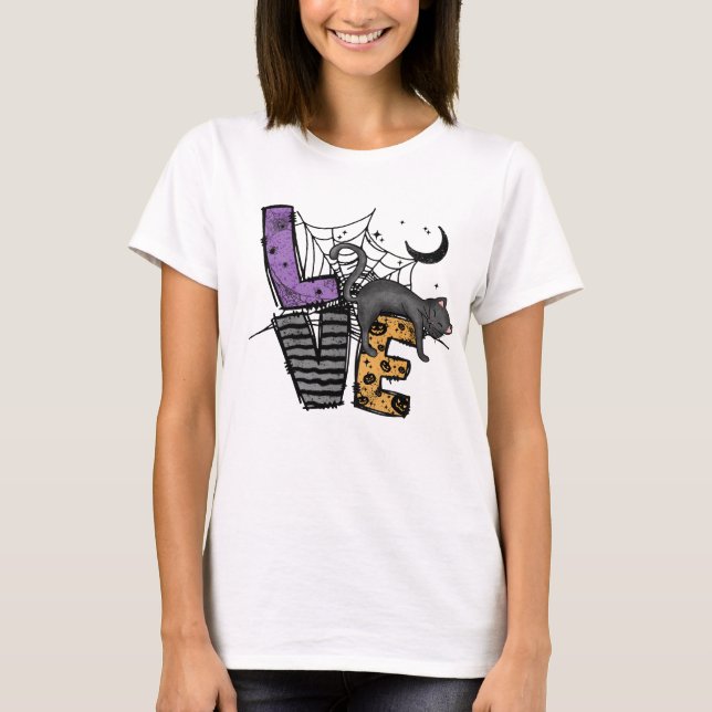 Lazy Black Cat in Spider Web with Love T-Shirt (Front)