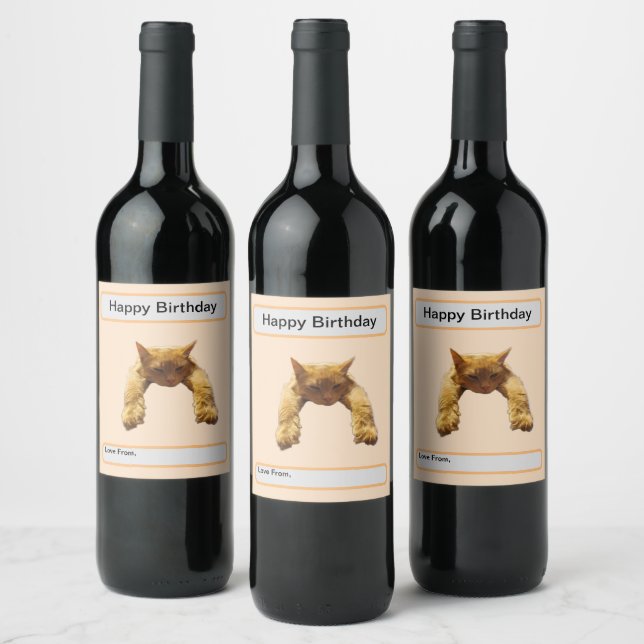 Lazy Cant Be Bothered Fluffy Ginger Cat, Birthday Wine Label (Bottles)