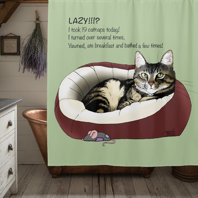 Lazy Cat Bed Green Funny Shower Curtain (Creator Uploaded)